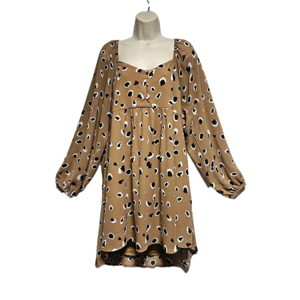 Umgee Large tan black leopard animal print babydoll dress y2k mini‎ cottage boho